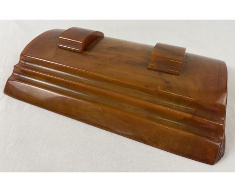 An Art Deco Carvacraft butterscotch bakelite desk standish with inkwells for black &amp; red ink. Sliding inkwell covers, ori