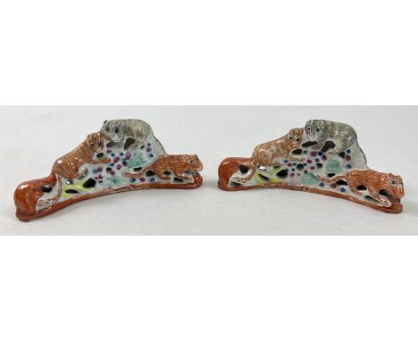2 small Staffordshire ceramic curved figures of mice. Each approx. 5cm tall x 11cm long. 