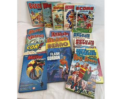 A collection of 17 assorted vintage annuals. To include: Roy of the Rovers, Score, Flash Gordon, Beano, Dandy, Scorcher and T