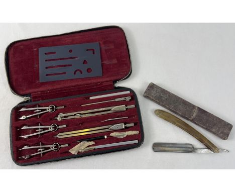 A vintage cased E Hellerman Ltd draughtsman's instrument set together with an antique boxed cutthroat razor. 
