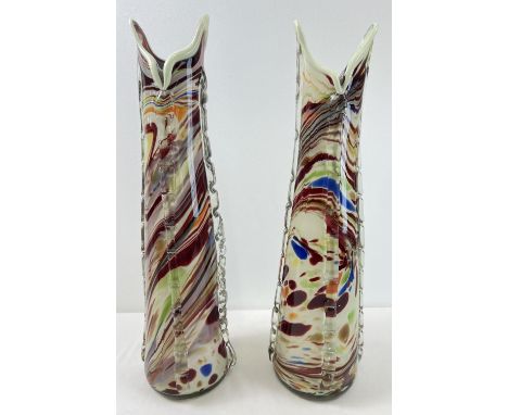 A very large pair of vintage end of day glass vases. Teardrop shaped with clear glass overlay detail to sides. Each approx. 5