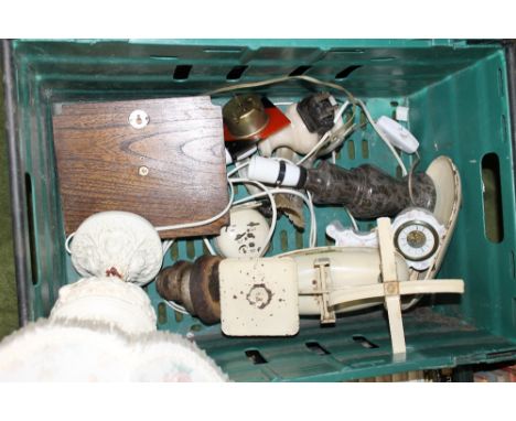 A SET OF SCALES AND WEIGHTS, LAMP, ETC