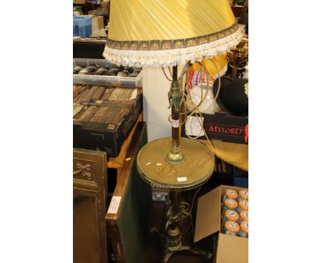 A BRASS AND COPPER LAMP TOGETHER WITH A CARD TABLE