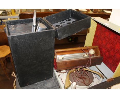 A VINTAGE CASED HEATLAMP A/F, TOGETHER WITH A CASED RECORD PLAYER, ETC