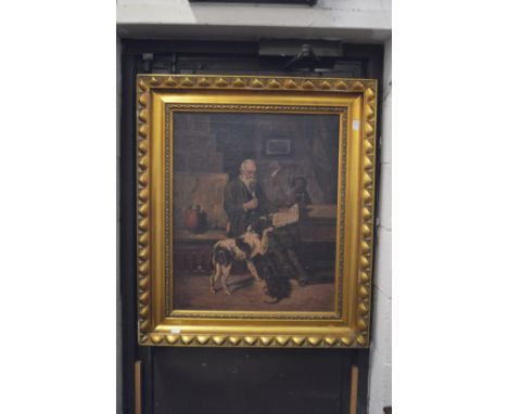 Interior scene, elderly gentleman smoking a pipe and reading a paper with dogs by his side, oil on canvas in heavy gilt frame