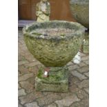A good pair of weathered reconstituted stone pedestal planters.
