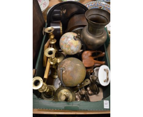 Various clocks, brass candlesticks, a table globe etc.