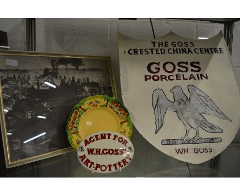 Goss crested china, shop sign together with a print of China Works and a Goss dish.
