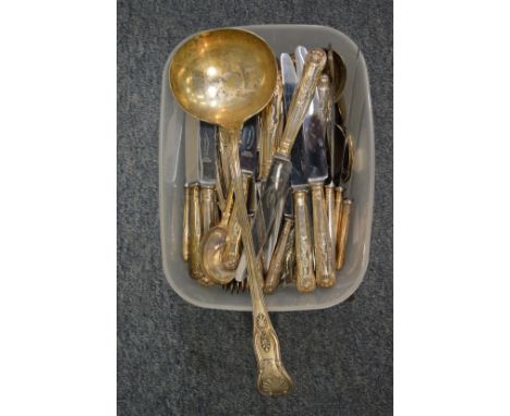 A quantity of plated Kings pattern flatware to include a large soup ladle.