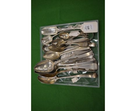 A good collection of Georgian and other silver spoons, cheese scoop, tea caddy spoon etc.