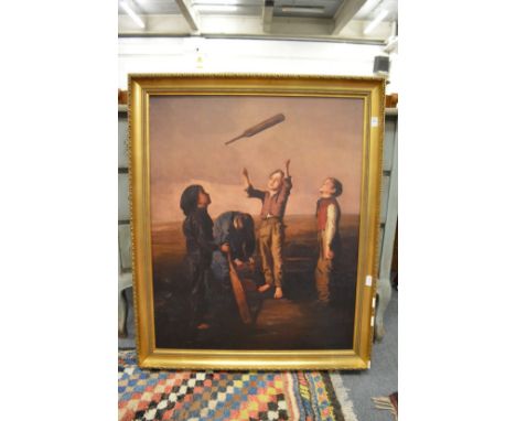 The Bat Toss, large colour print on canvas in a decorative gilt frame.