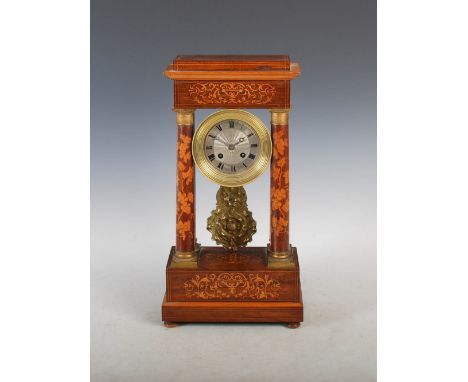 A 19th century rosewood and marquetry inlaid mantle clock, the circular silvered dial with Roman numerals and engine turned c
