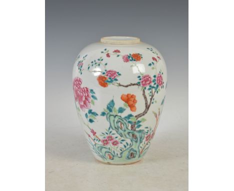 A Chinese porcelain famille rose jar, Qing Dynasty, decorated with rockwork and peony, double ring mark, 25.5cm high.