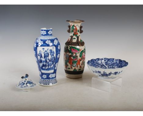 A group of Chinese porcelain, to include; a blue and white jar decorated with panels of figures on a cracked ice ground, four