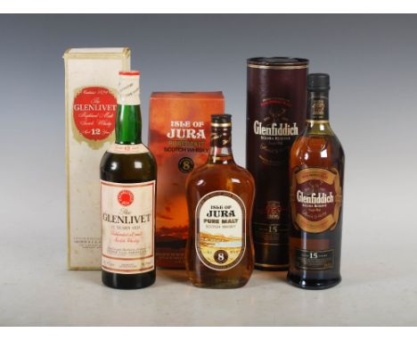 Three boxed bottles of Scotch Malt Whisky, to include; The Glenlivet, 12 years old, Unblended all malt Scotch Whisky, Distill