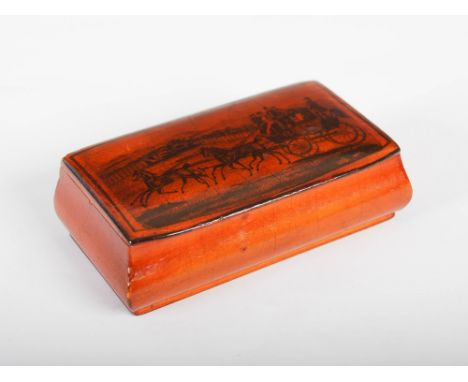 A 19th century Scottish treen snuff box J.CHALMERS, AUCHINLECK, the hinged cover decorated with a coaching scene, opening to 