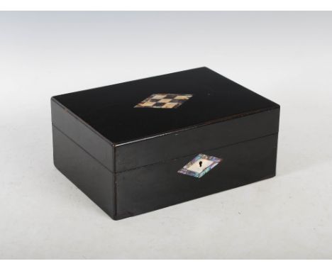 A 19th century ebonised and mother-of-pearl work box with internal reverse painted glass panel depicting a quayside scene, 29