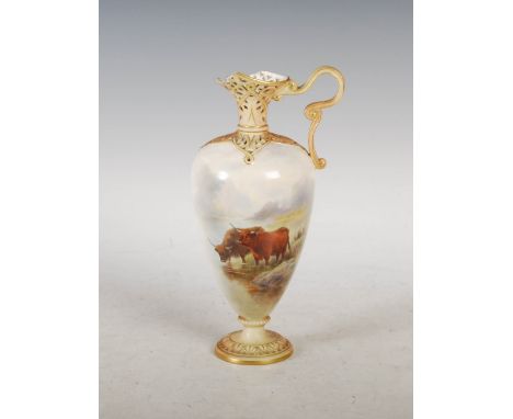 A Royal Worcester ewer decorated by John Stinton, dated 1902, painted with two Highland Cattle watering in a misty highland l