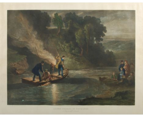 After William Simson RSA Salmon spearing by torch light, Scene on the Tweed coloured engraving by William Forrest 57.5cm x 71