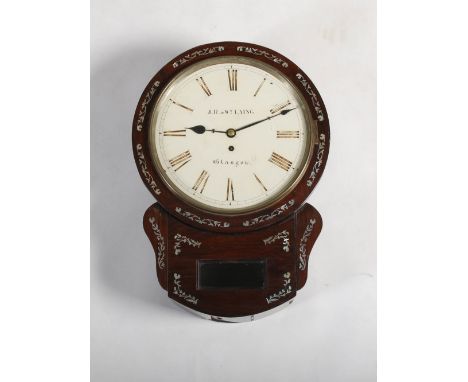 A 19th century rosewood and mother-of-pearl inlaid single fusee drop dial wall clock J.R. & W.M. LAING, GLASGOW, the 11 3/4" 