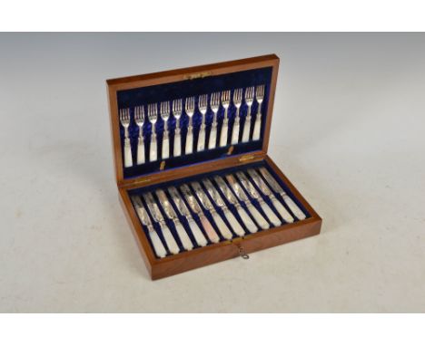 A Victorian cased set of twelve silver and mother-of-pearl fruit knives and forks, Sheffield, 1897, makers mark of Walker &am