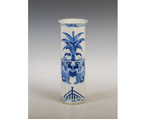 A Chinese porcelain blue and white sleeve vase, Qing Dynasty, decorated with figures in a fenced garden under palm tree, doub