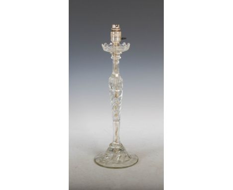 An early 20th century cut glass table lamp, with tapered spiral turned stem and domed circular foot, with chrome fixture, ove
