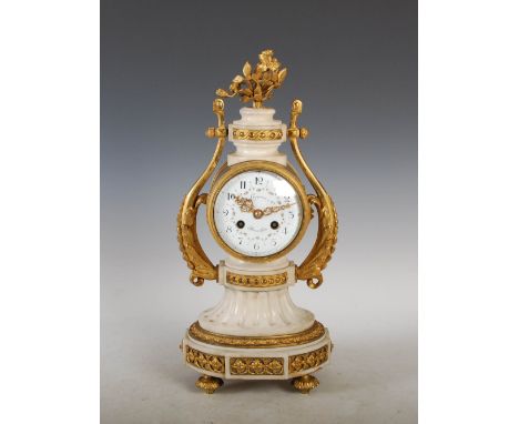 A 19th century French ormolu and marble mantle clock H. Luppens & Cie, Bruxelles, the 4 3/4" circular convex enamel dial with