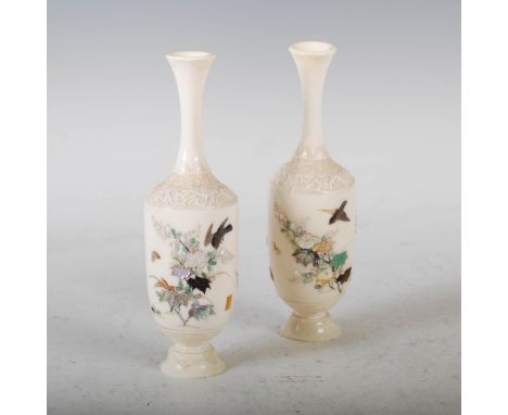 A pair of Japanese ivory Shibayama vases, Meiji Period, decorated with peony, blossom and birds, signed on rectangular mother