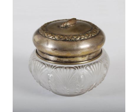 Julien Viard, an early 20th century clear and frosted glass dressing table box and electroplated cover, the box moulded with 