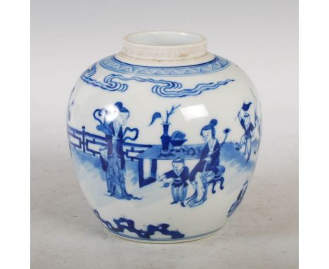 A Chinese porcelain blue and white Kangxi style jar, decorated with a fenced garden of figures, double ring mark, 14.5cm high