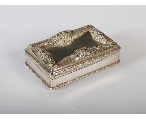 An early Victorian silver snuff box, Birmingham, 1837, makers mark of E.S. for Edward Smith, the hinged cover decorated in re