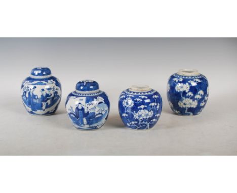 A group of four Chinese porcelain blue and white jars, Qing Dynasty, to include; a jar and cover decorated with shaped oval p