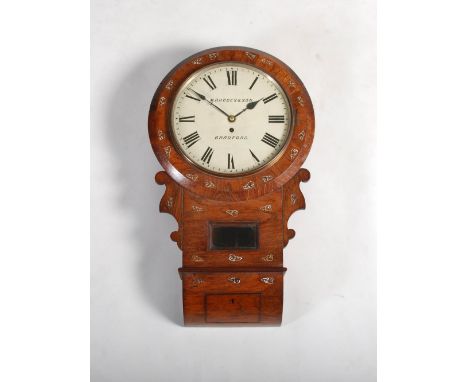 A 19th century rosewood and mother-of-pearl inlaid drop dial single fusee wall clock M. RHODES & SON, BRADFORD, the 12" circu