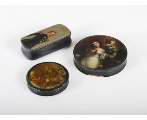 Three papier-mache snuff boxes, to include; a Russian rectangular box decorated with an Officer, 9.5cm wide, gilded mark, a G