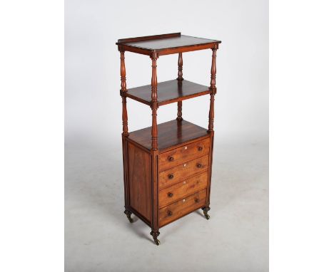 A 19th century rosewood what-not, with three open tiers above four long graduated drawers with mother-of-pearl escutcheons, r