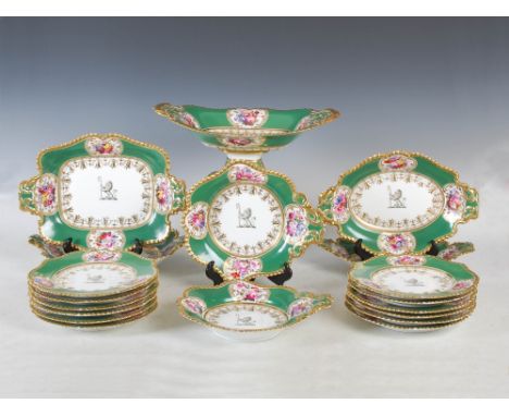 A 19th century Chamberlains Worcester green ground Armorial decorated part fruit set, comprising; twelve plates, a pair of ci