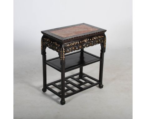 A Chinese dark wood, mother of pearl inlaid and marble topped jardiniere stand, Qing Dynasty, the rectangular top with a mott