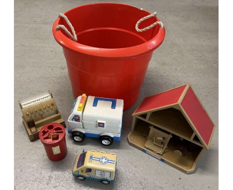 A large red carry tub of assorted vintage plastic toys. To include Flair Toys Sylvanian Families house and accessories and Ca