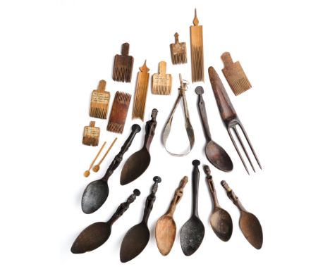 A COLLECTION OF ASIAN WOOD OBJECTS, FIRST HALF 20TH CENTURY comprising nine Ifugao spoons, Luzon, Philippines, seven with fig
