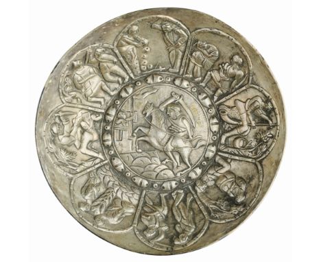AN OTTOMAN REPOUSSE SILVER BOWL, BALKANS, CIRCA 19TH CENTURY Q the well with central roundel depicting a horseman in relief w