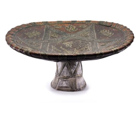 A LARGE SILVER AND WHITE METAL MOUNTED RITUAL BOWL, MOROCCO, 19TH/20TH CENTURY with central star of David design and Hebrew i