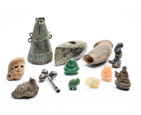A COLLECTION OF METAL, STONE AND TERRACOTTA OBJECTS, MOSTLY 19TH CENTURY including four Indian hardstone figurines, a small b