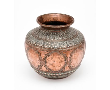 A SILVER INLAID COPPER WATER POT (LOTA), TANJORE, SOUTH INDIA, CIRCA 1900 the sides with a register of lobed cartouches, with