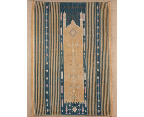 A DAMASCUS FLATWEAVE PRAYER MAT, SYRIA, LATE 19TH CENTURY cotton with silk and metal thread, the design with stylised mosque 