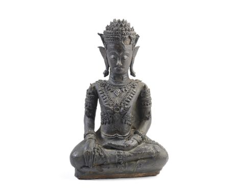 A LATE AYUTHIA BRONZE FIGURE OF BUDDHA, THAILAND, 17TH/18TH CENTURY seated in sattvasana, his hands in bhumisparsa and dhyana