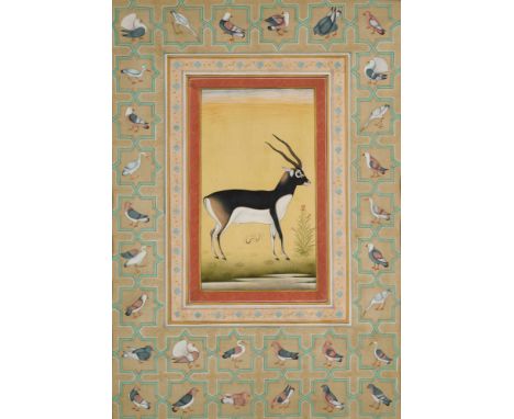 TWO PORTRAITS AND A DEPICTION OF AN ANTELOPE, INDIA, 20TH CENTURY in colour, ink and gold on paper, the portraits after earli