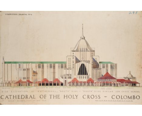 FIVE PLAN AND ELEVATION DRAWINGS FOR PROPOSED HOLY CROSS CATHEDRAL, COLOMBO, 1947 watercolour and ink on paper, laid on card,