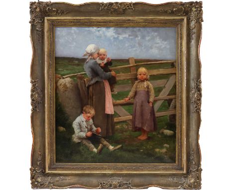 HUGO FREDRIK SALMSON (1843 Stockholm - 1894 Lund) & S. SCHOENFELS Öl auf Leinwand, "Kinder mit Kirschen am Zaun stehend" (187