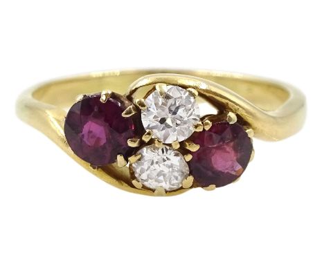 14ct gold two stone old cut diamond and two stone ruby cluster ring, total diamond weight approx 0.30 caratCondition Report:A